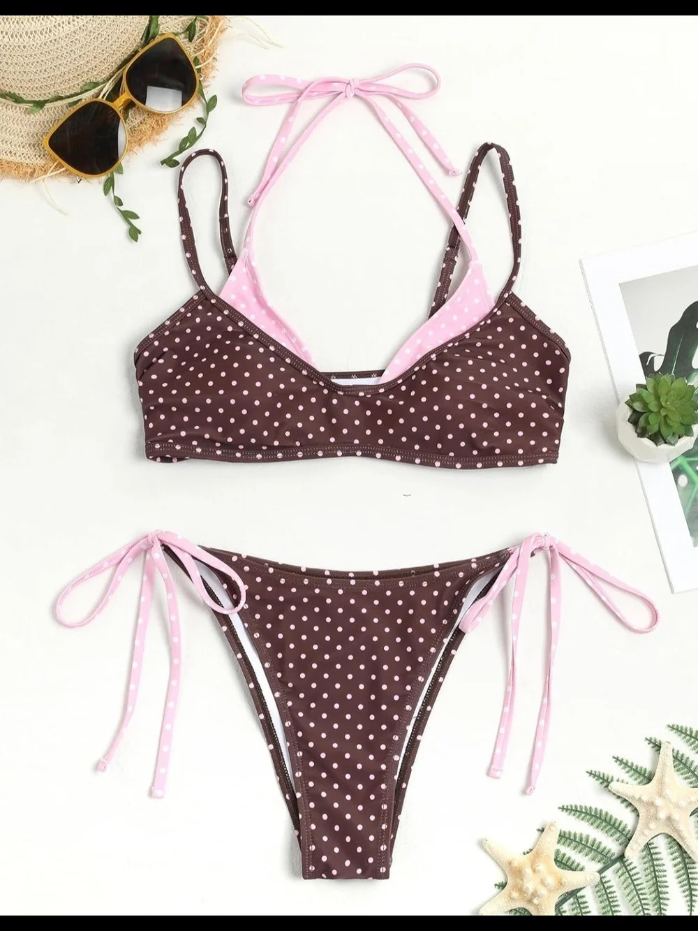 Zaful Brown & Pink Polka Dot Halter Bikini Set Medium